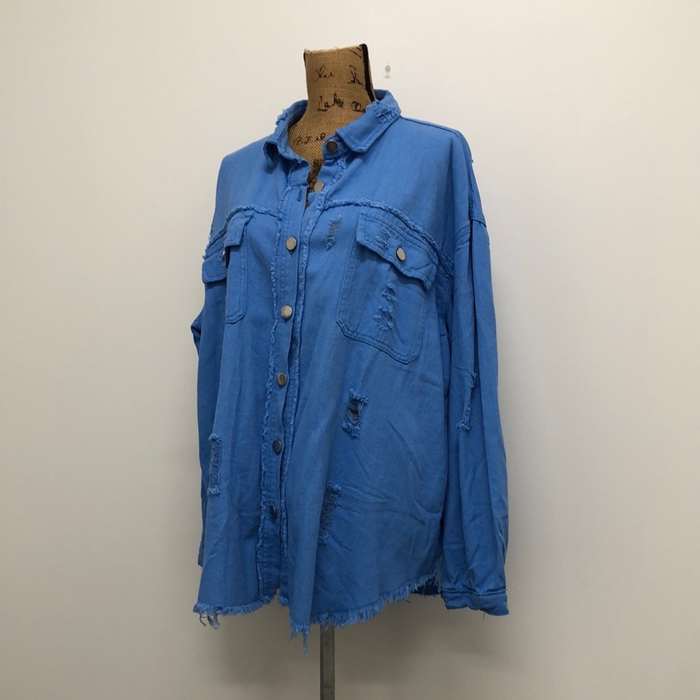Bright Blue Distressed Long Button Down Shirt Shacket Barn Jacket Size 2XL